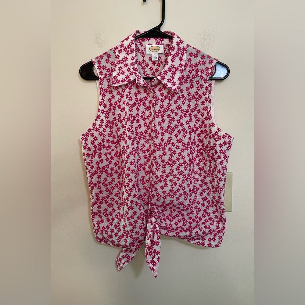 Talbots Women’s Pink Starts Embroidery Sleeveless Button & Tie Front Top Sz 14 - Picture 15 of 17